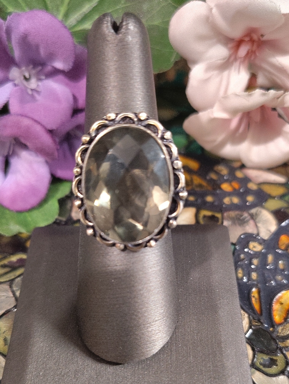 Smoky Topaz Glass Gemstone 925 Silver Ring - Size 8 3/4